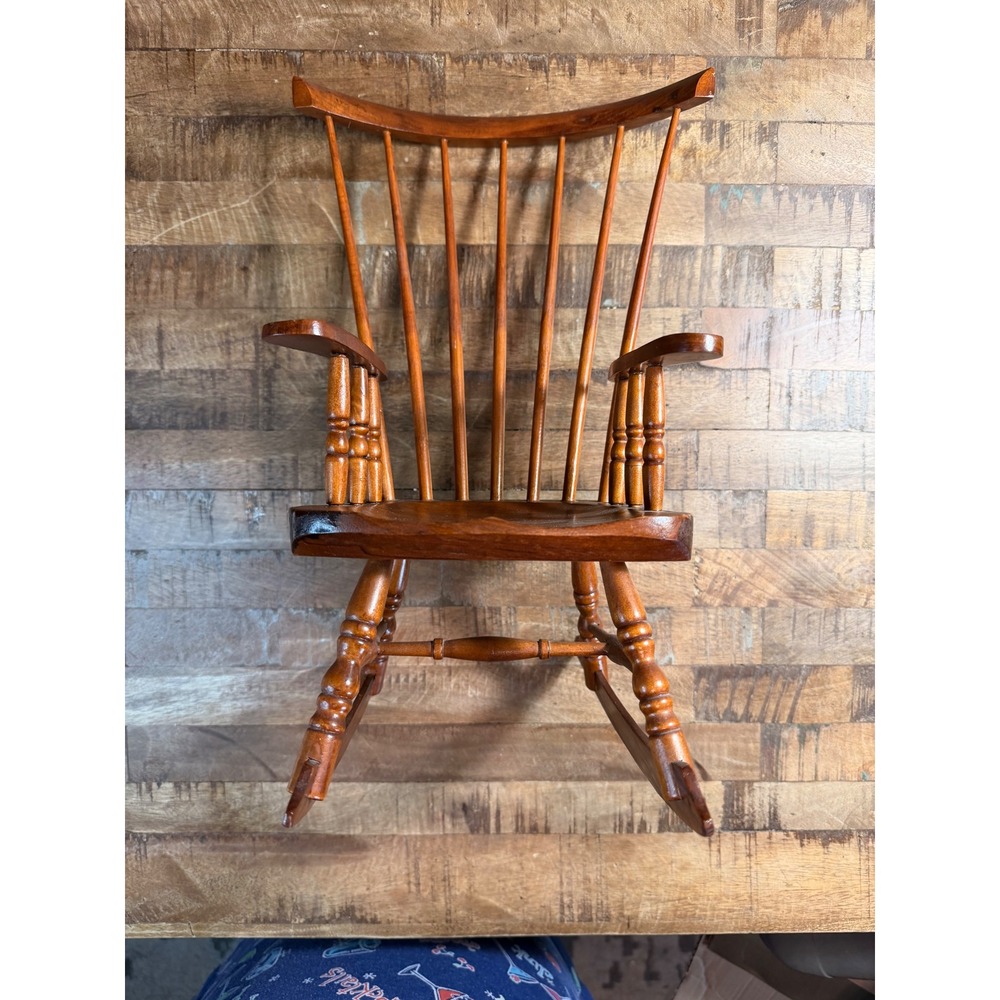 Vintage Miniature Wooden Rocking Chair Windsor Spindle Back Doll Furniture 13.5"